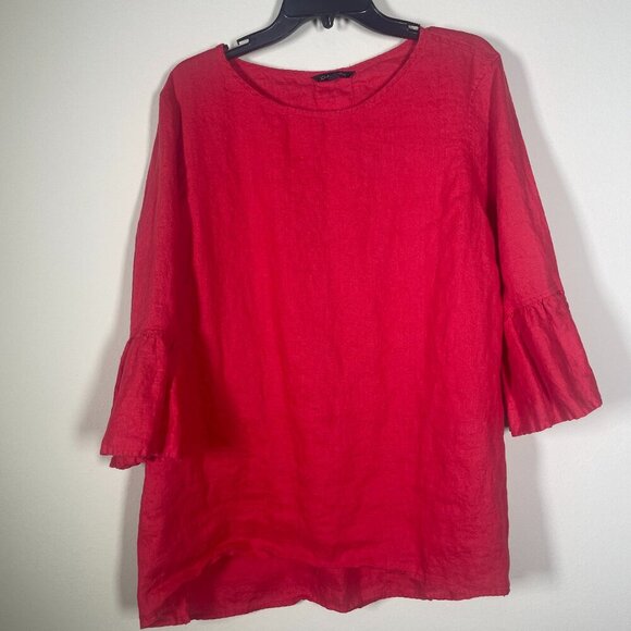 John Mark Womens Top X Red 100% Linen 3/4 Ruffled Bell Sleeve Lagenlook Boho! - Picture 1 of 5